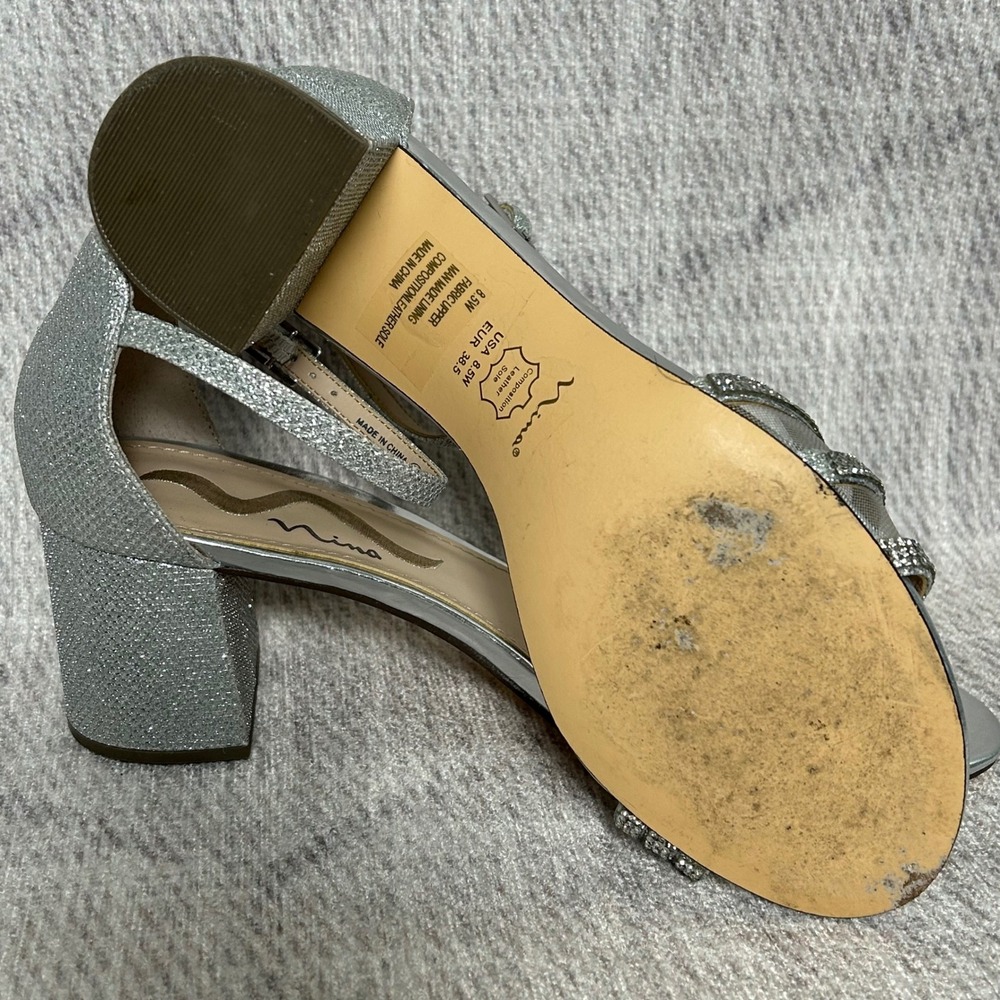 Nina Silver Glitter‎ Rhinestone Block Heel Ankle Strap Sandals Women 8.5W - Picture 6 of 8